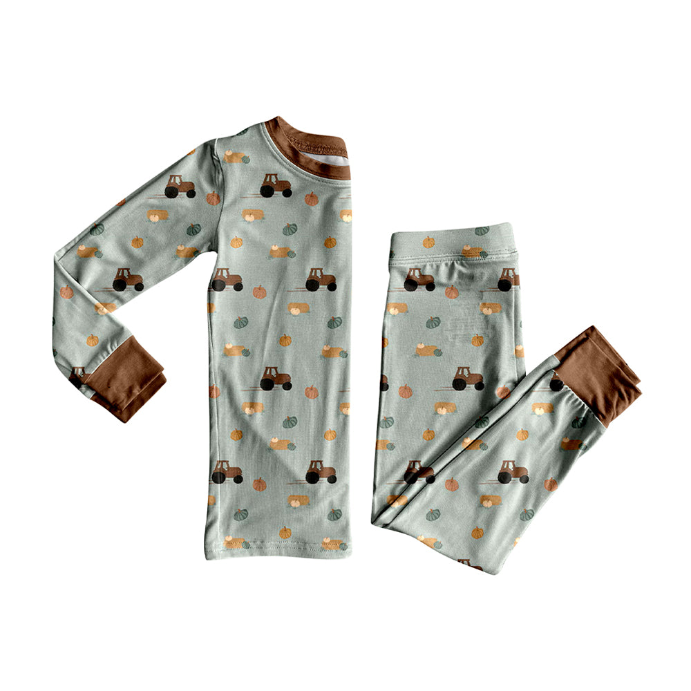 (Preorder new) No moq Baby Boys Fall Pumpkin Truck Print Long Sleeve Top Pants Pajama Set Romper