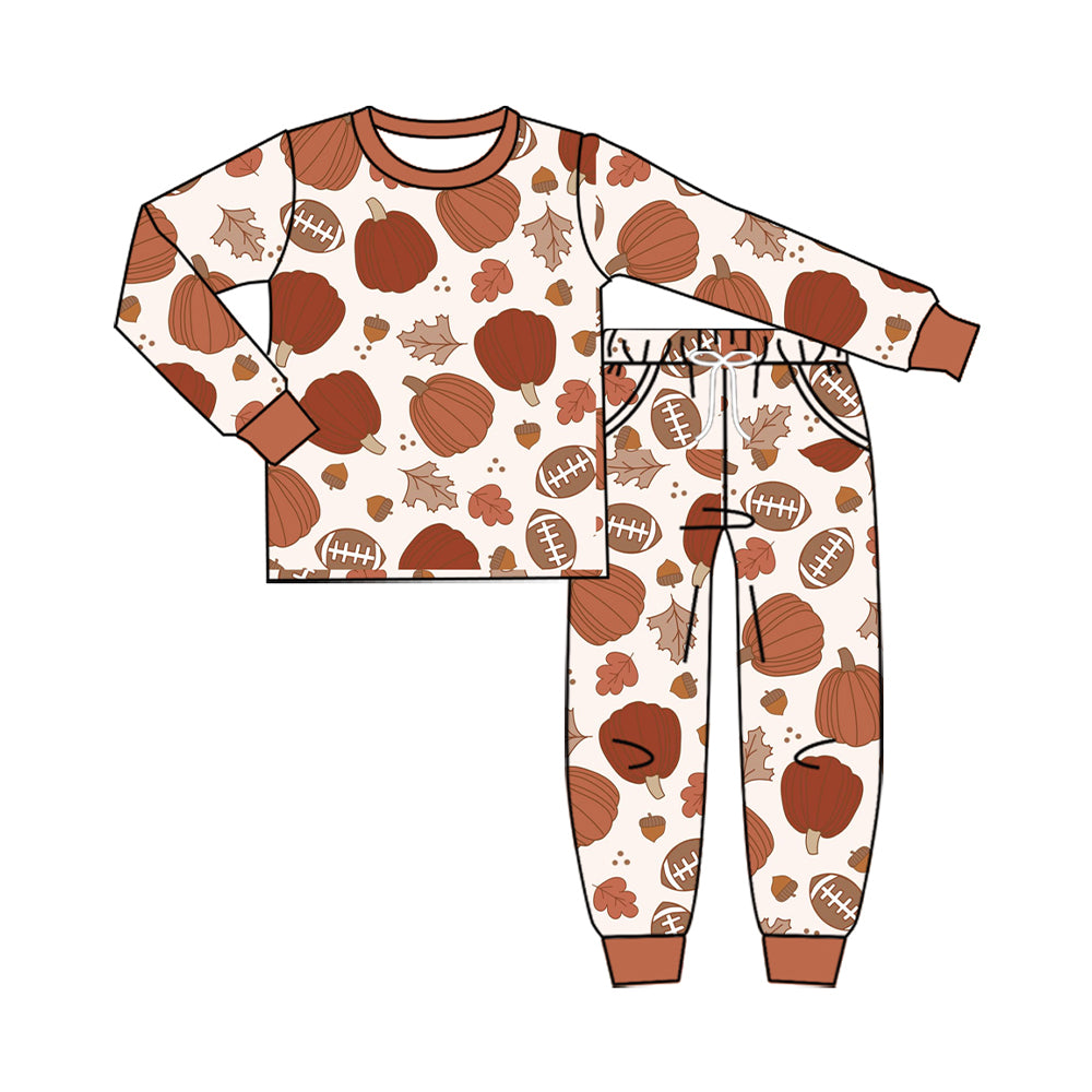 (Preorder new) No moq Baby Pumpkins Football Print Long Sleeve Top And Pants Pajama Set Rompers Pullovers Top