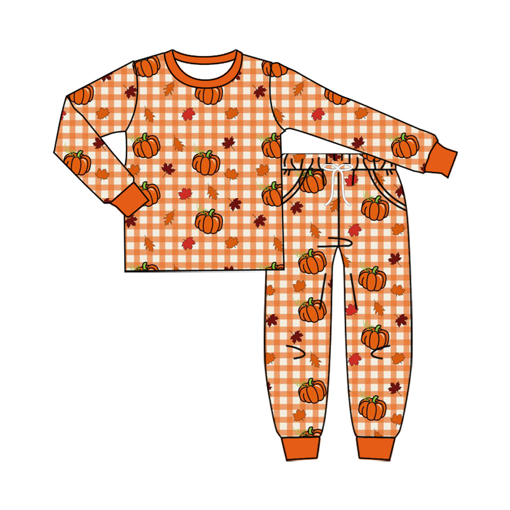 (Preorder new) No moq Baby Pumpkins Checked Print Long Sleeve Top And Pants Pajama Set Rompers Pullovers Top