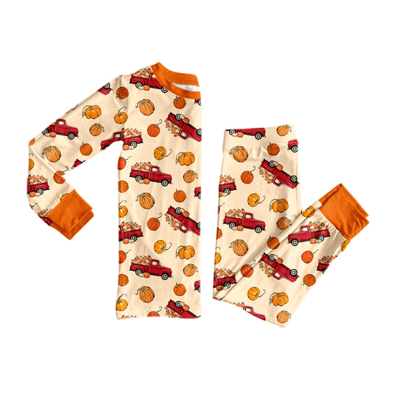 (Preorder new) No moq Boys Pumpkins Trucks Fall Print Long Sleeve Matching Pajamas Set Romper Blankets