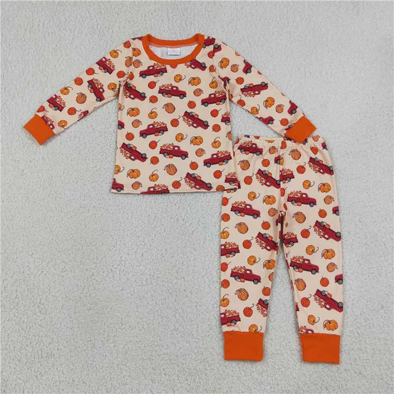 RTS NO MOQ Sibling milk silk Baby Boys Pumpkin Red Truck Print Zipper Romper Pajama Set And Minky Dot Baby Blanket