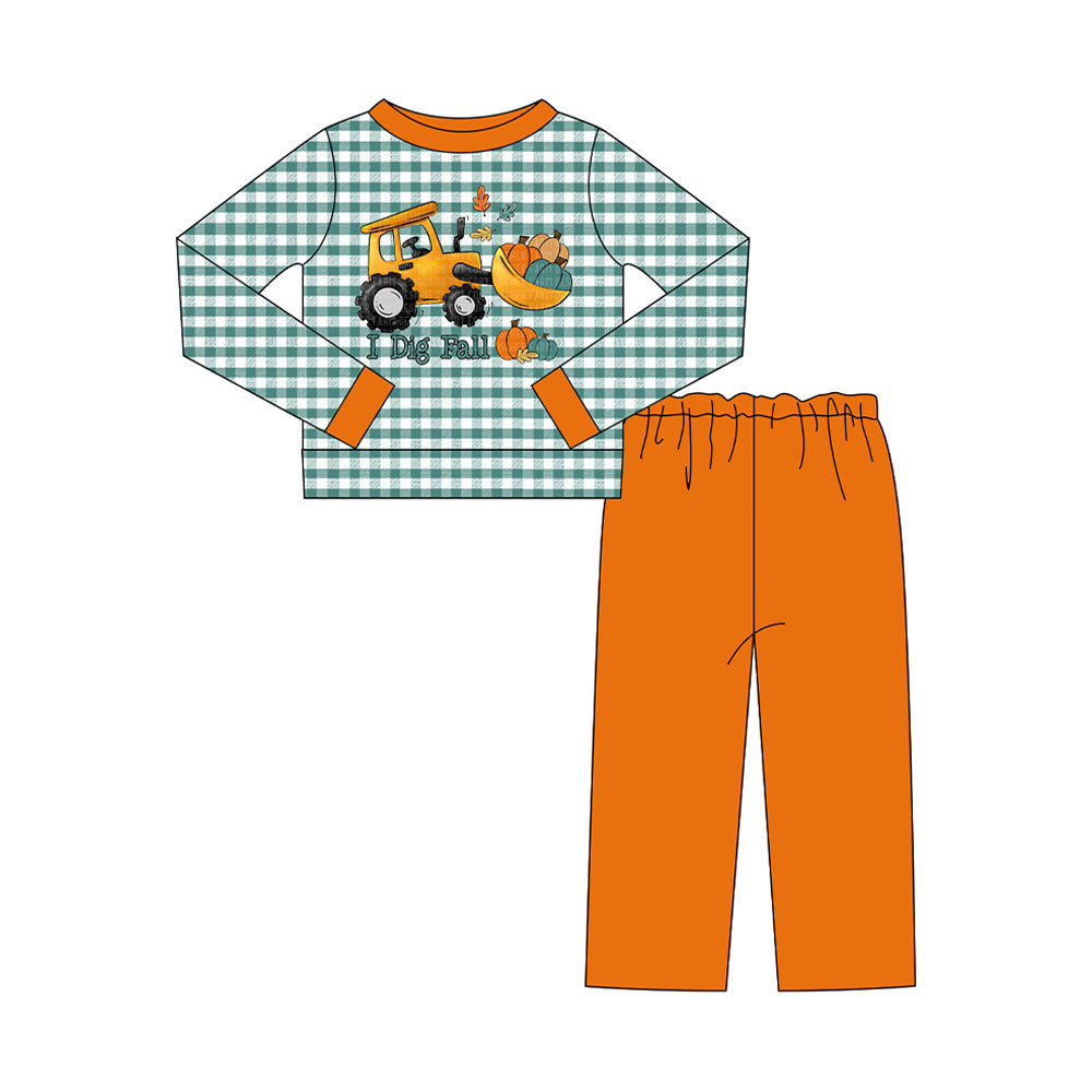 (Preorder new) No moq Baby Boys Fall Pumpkin Truck Plaid Print Top Pant Set Rompers