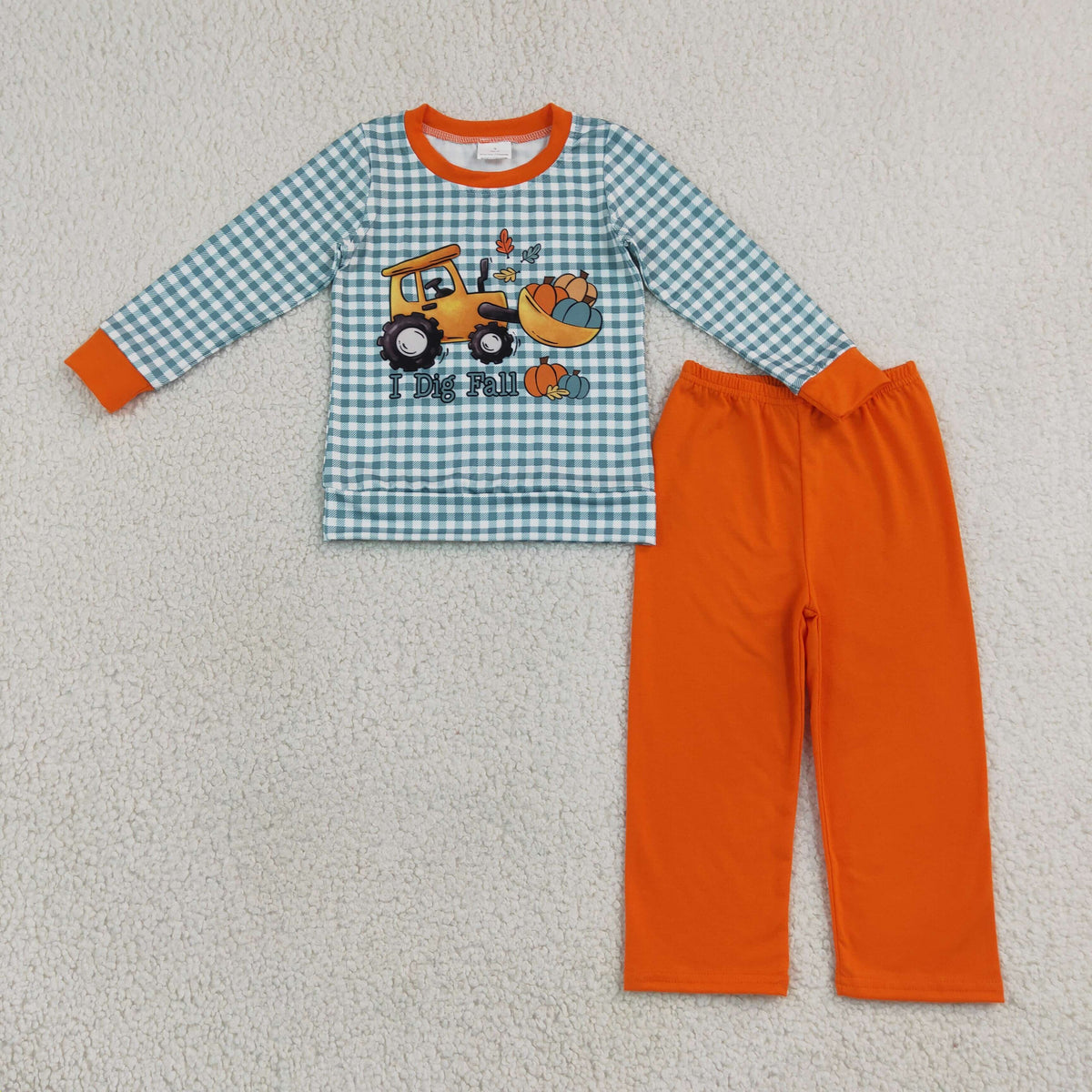 NEW RTS NO MOQ milk silk BLP1542 Baby Boys Pumpkins Truck Checked Top Pant Fall Set