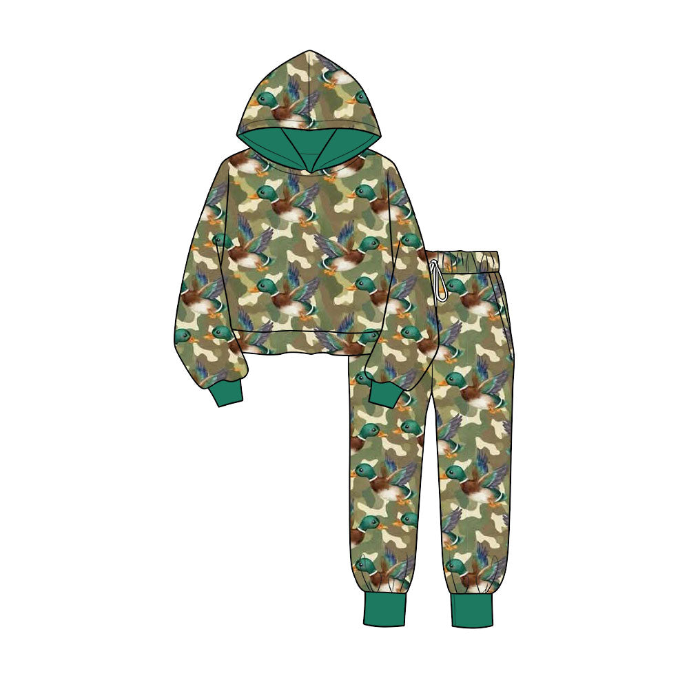 (Preorder new) No moq Baby Boys Hunting Green Camo Duck Print Drawstring Hoodie With Pocket Cuffed Jogger Pants Set Blankets