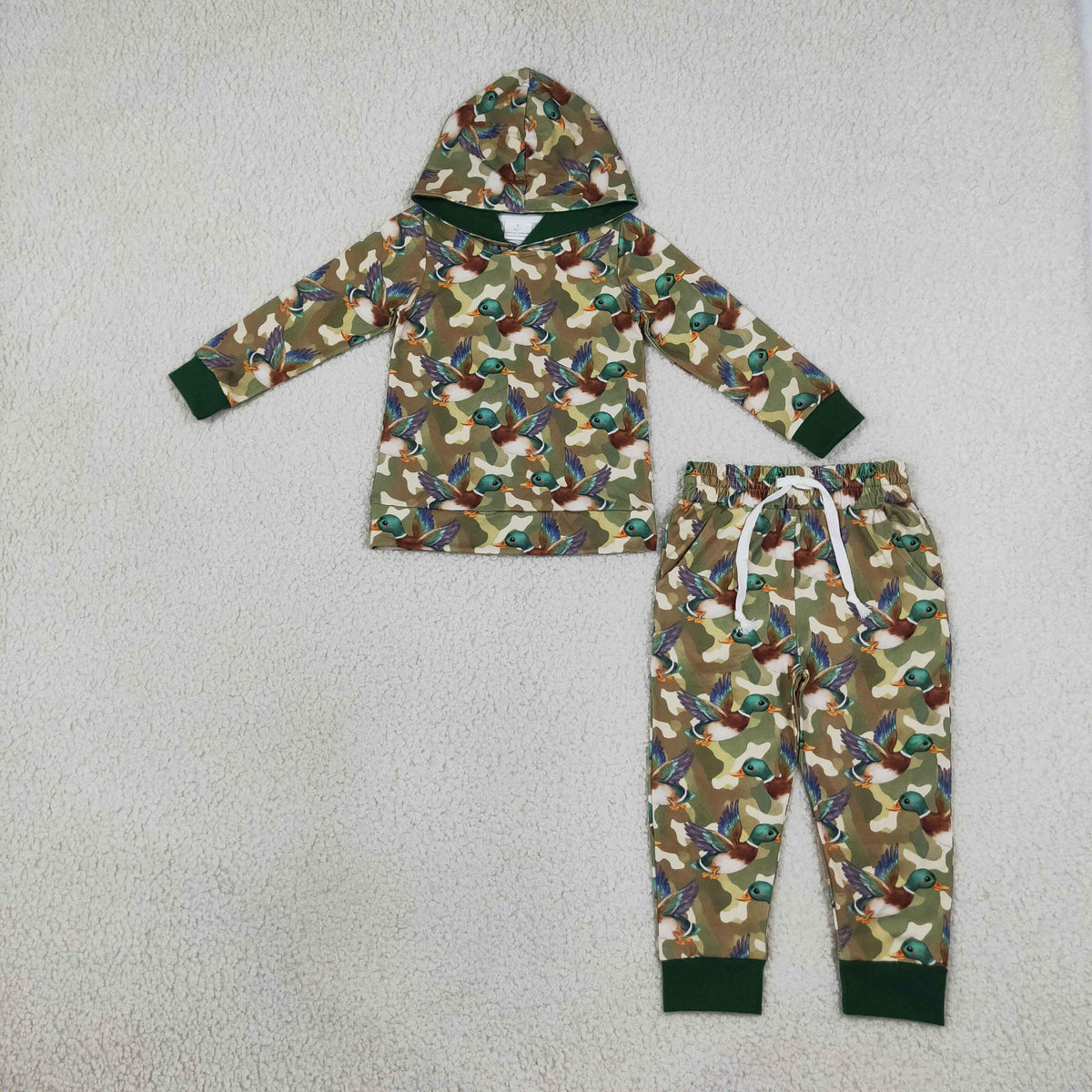 RTS NO MOQ Sibling milk silk Baby Boys Duck Camo Print Hoodie Pant Set Zipper Romper And Baby Swaddle Blanket