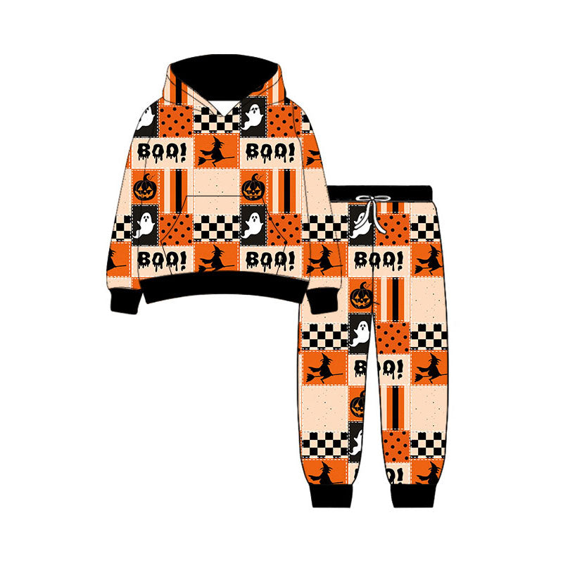 (Preorder new) No moq Baby Boys Halloween Ghost Pumpkin Print Long Sleeve Hoodie With Side Pocket Cuffed Jogger Pants Set Long Sleeve Romper