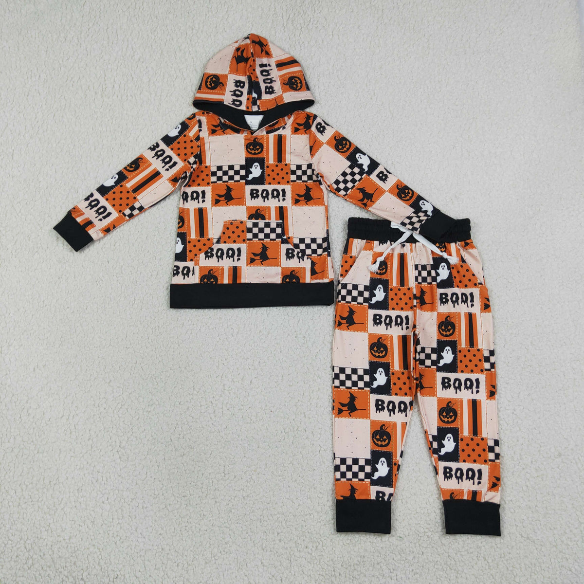 RTS NO MOQ Sibling milk silk Baby Boys Halloween Print Hoodie and Jogger Pants Set Black Orange Plaid Romper