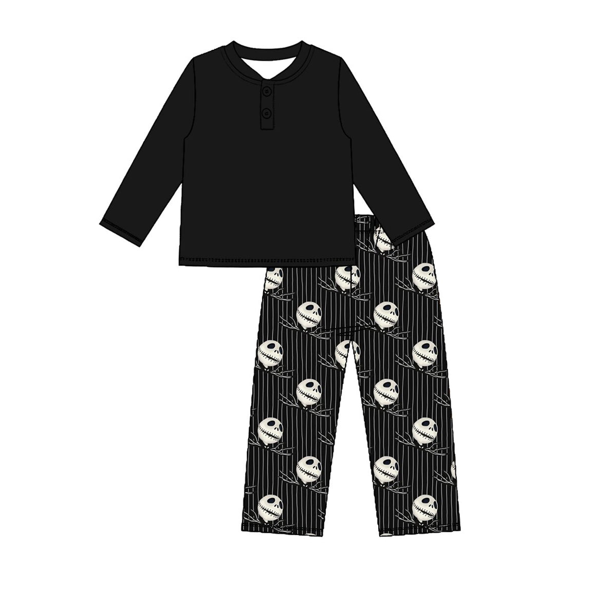 (Preorder new) No moq Baby Boys Halloween Ghost Print Black Button Front Long Sleeve Top Matching Striped Pants Casual Clothes Set Long Sleeve Romper