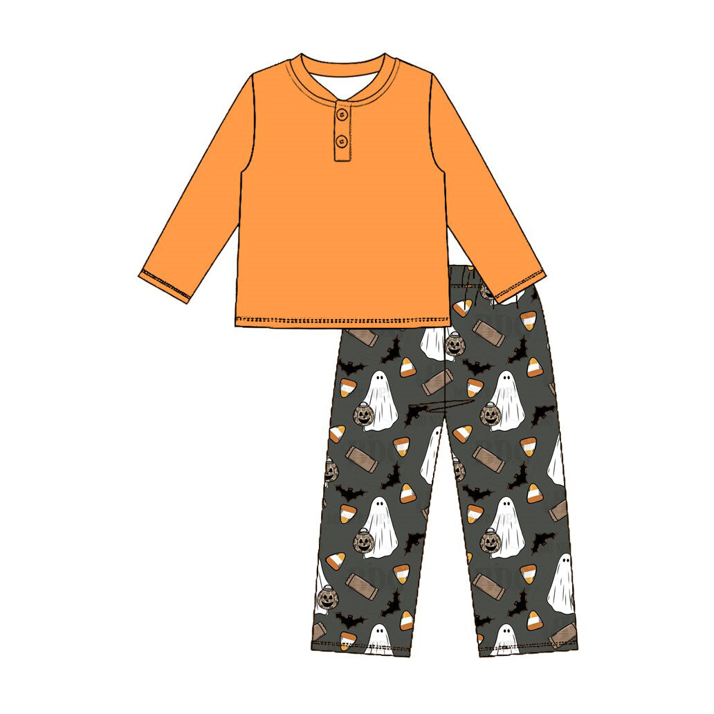 (Preorder new) No moq Baby Boys Halloween Ghost Pumpkin Print Orange Button Front Long Sleeve Top Matching Pants Set Hoodies Top Romper