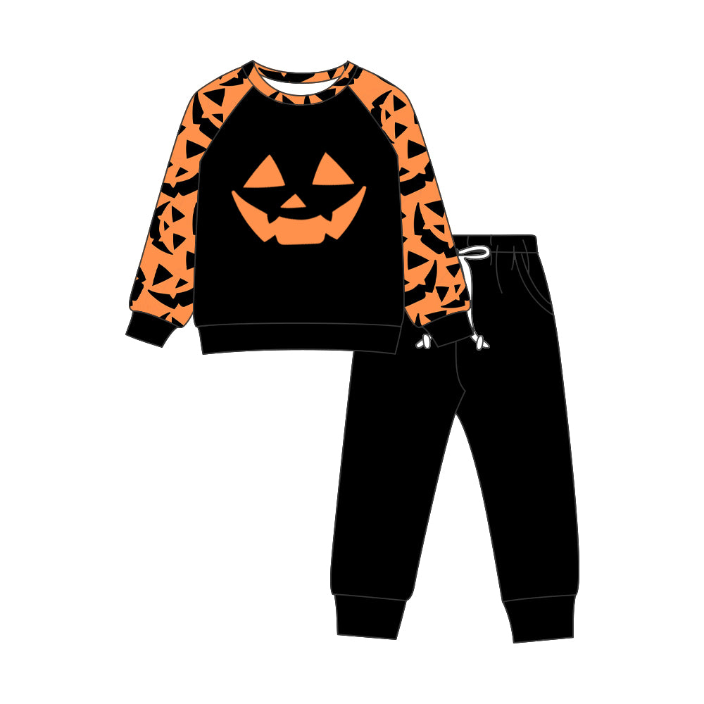(Preorder new) No moq BLP1547 Baby Boys Halloween Ghost Pumpkin Print Long Sleeve Crew Neck Top With Pocket Cuffed Jogger Pants Set