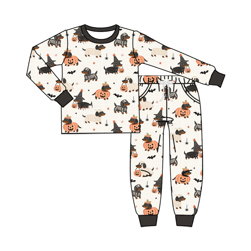 (Preorder new) No moq Baby Ghost Pumpkins Dogs Halloween Print Long Sleeve Top And Pants Pajama Set Rompers Pullovers Top