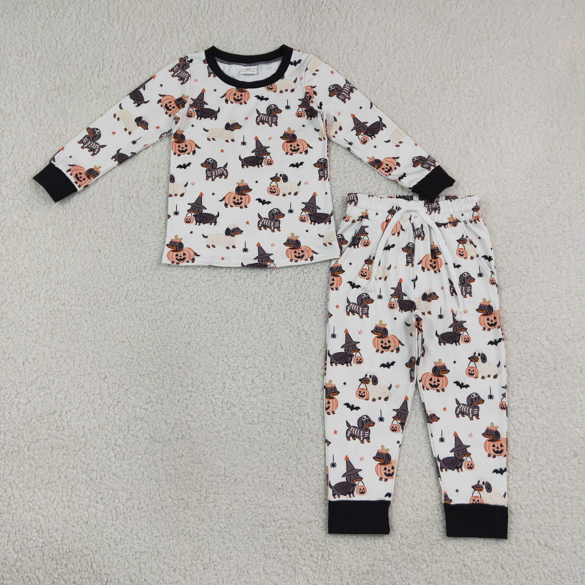 RTS NO MOQ Sibling milk silk Baby Boys Dog Pumpkin Print Long Sleeve Romper And Pajama Set Kids Fall Outfit