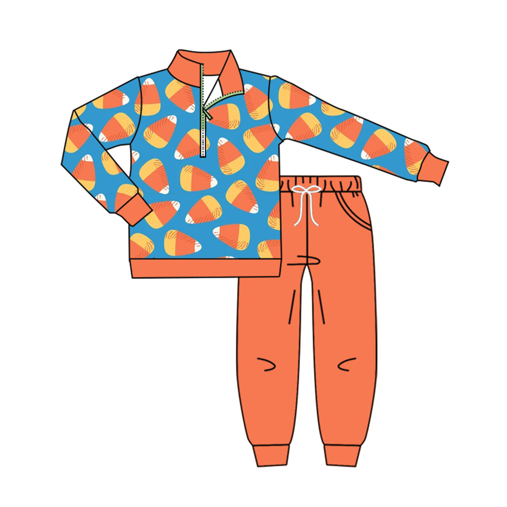 (Preorder new) No moq Baby Boys Halloween Candy Print Zip Pullover Pocket Top Matching Jogger Set Rompers