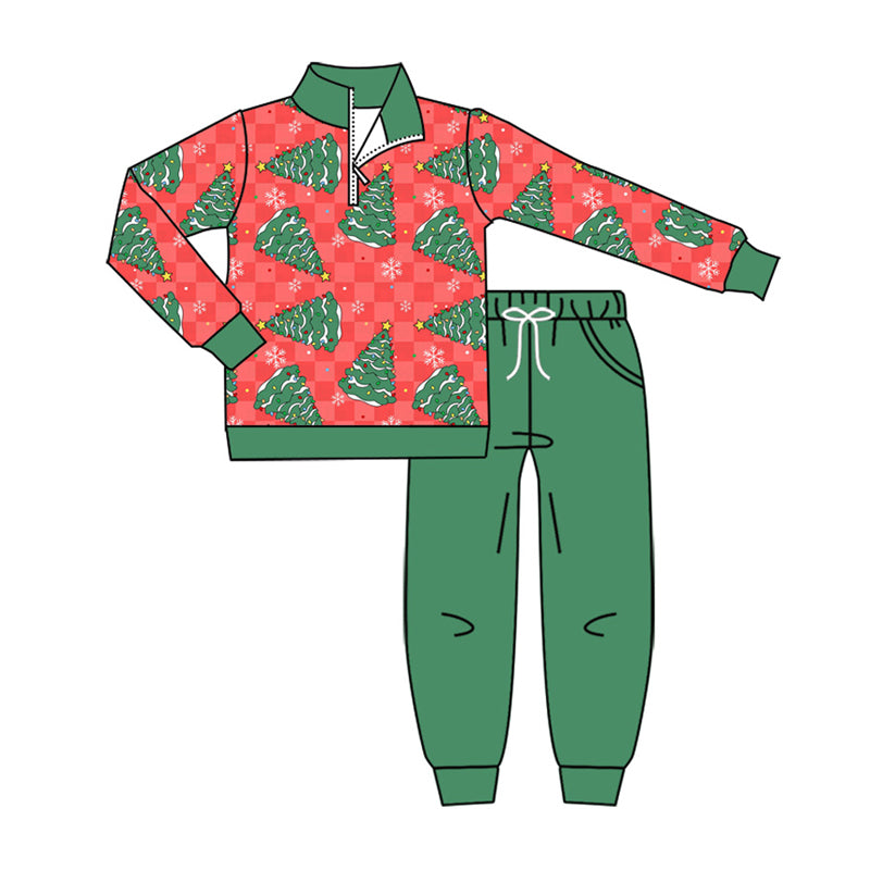(Preorder new) No moq Baby Boys Snowflakes Trees Christmas Print Zip Pullover Pocket Top Matching Jogger Set Rompers