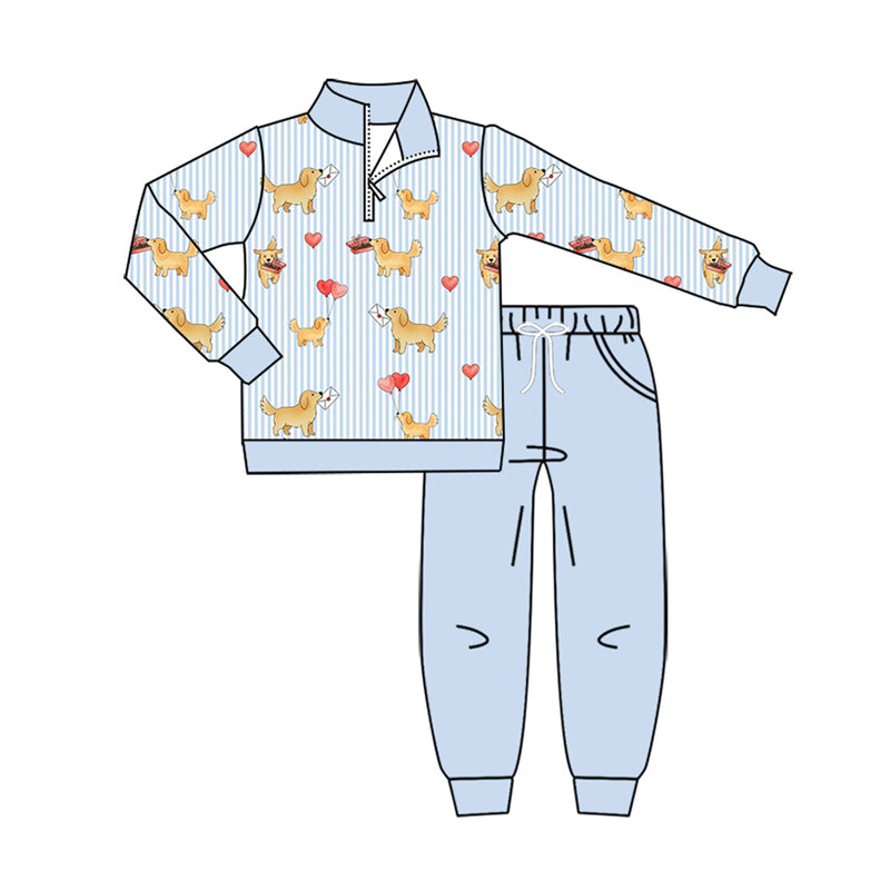 (Preorder new) No moq Baby Boys Blue Stripe Dogs Hearts Valentines Print Zip Pullover Pocket Top Matching Jogger Set Rompers