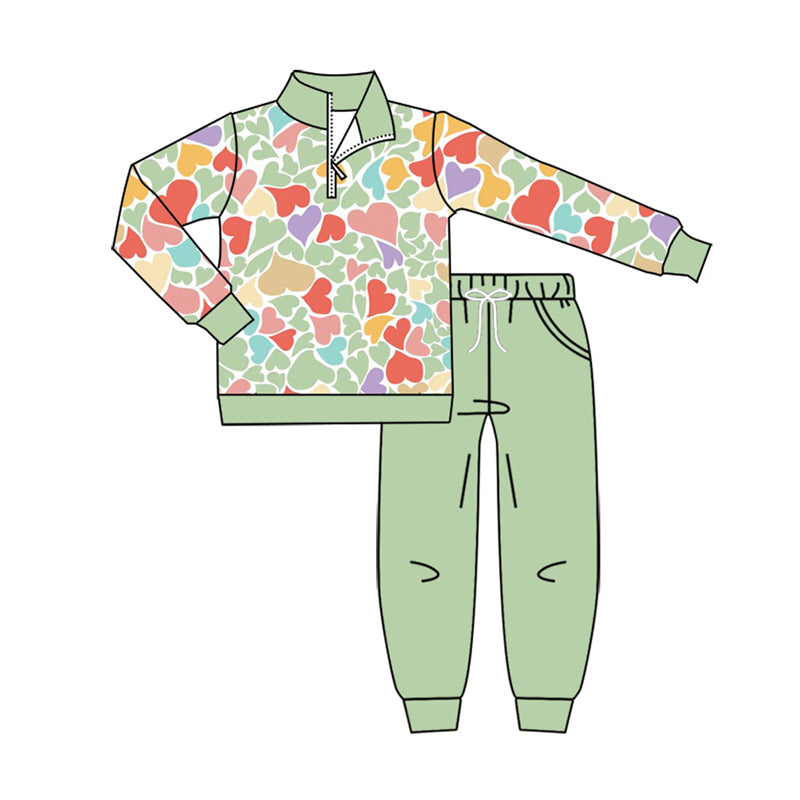 (Preorder new) No moq Baby Boys Colorful Hearts Valentines Print Zip Pullover Pocket Top Matching Jogger Set Rompers