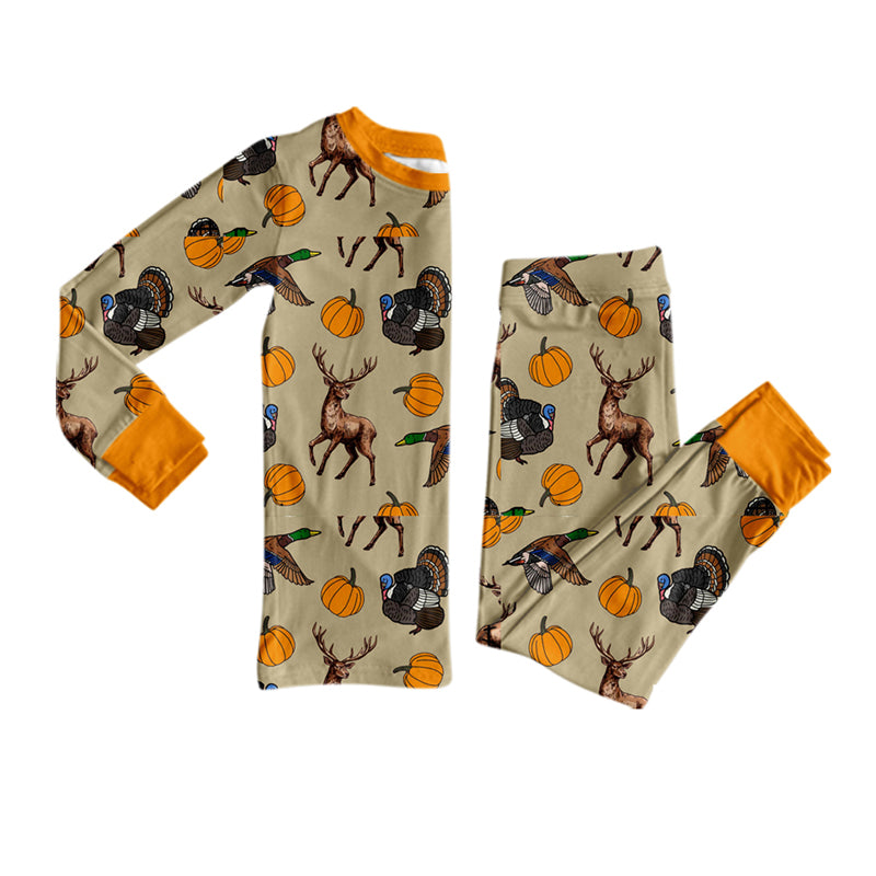 (Preorder new) No moq Boys Turkey Deer Duck Pumpkin Thanksgiving Hunting Print Long Sleeve Matching Pajamas Set Romper Blankets