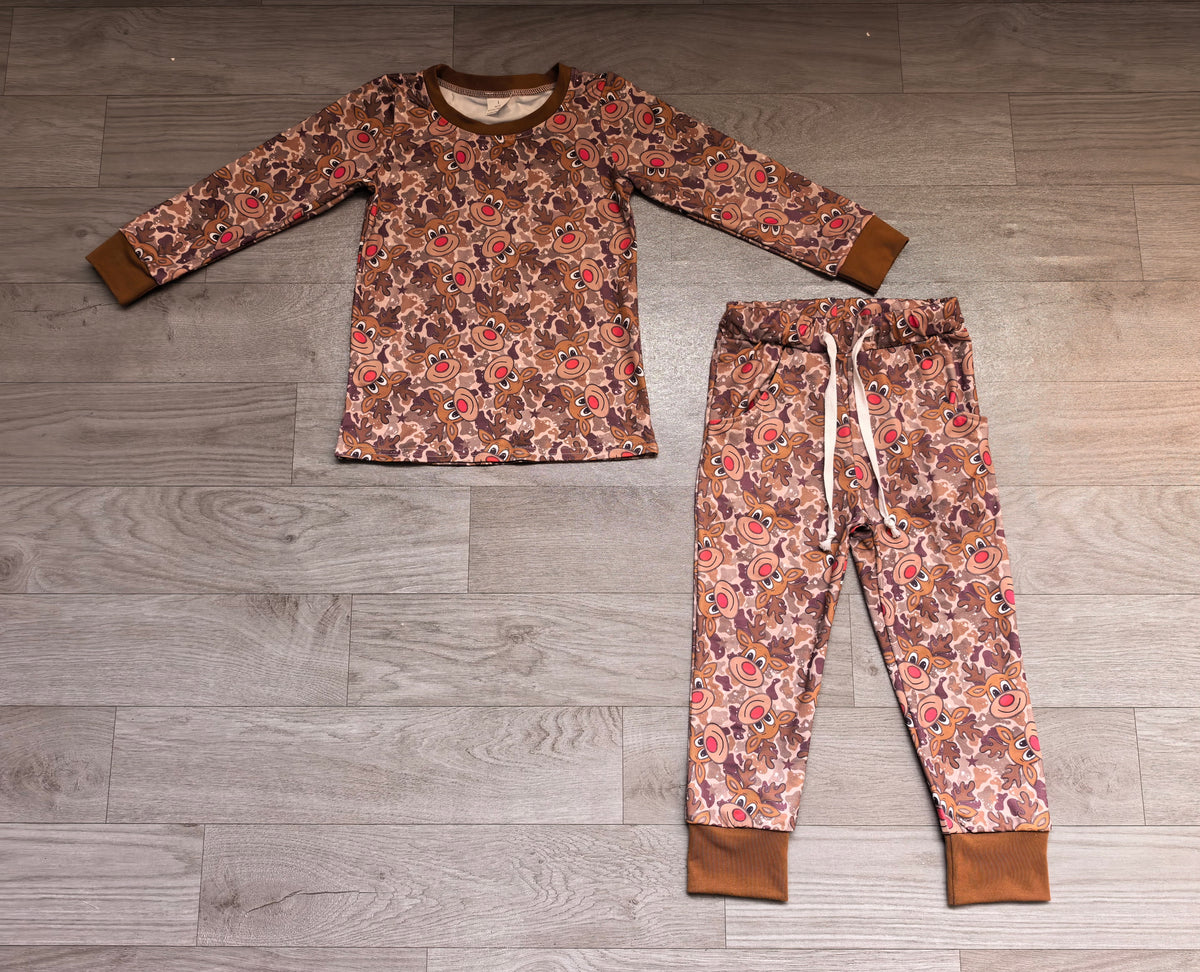 (Sample) No moq milk silk BLP1557（BT1905+P1141）Baby Boys Brown Camo Long Sleeve Top Pockets Joggers Set
