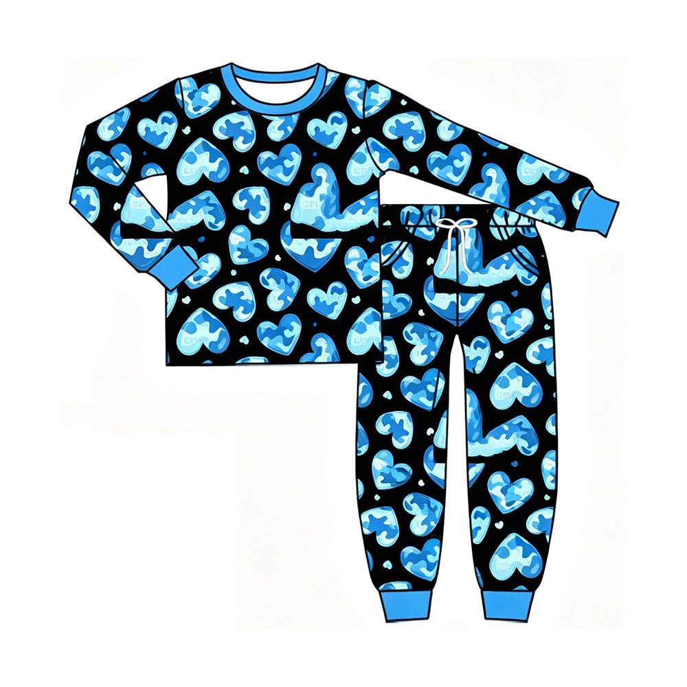 (Preorder new) No moq Baby Blue Camo Heart Print  Long Sleeve Top Pants Pajama Set Rompers Pullovers Top