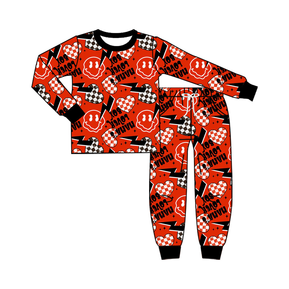 (Preorder new) No moq BLP1559 Baby BoysMama’s Lover Checkered Heart Print Long Sleeve Crew Neck Top Pant Pajamas Set