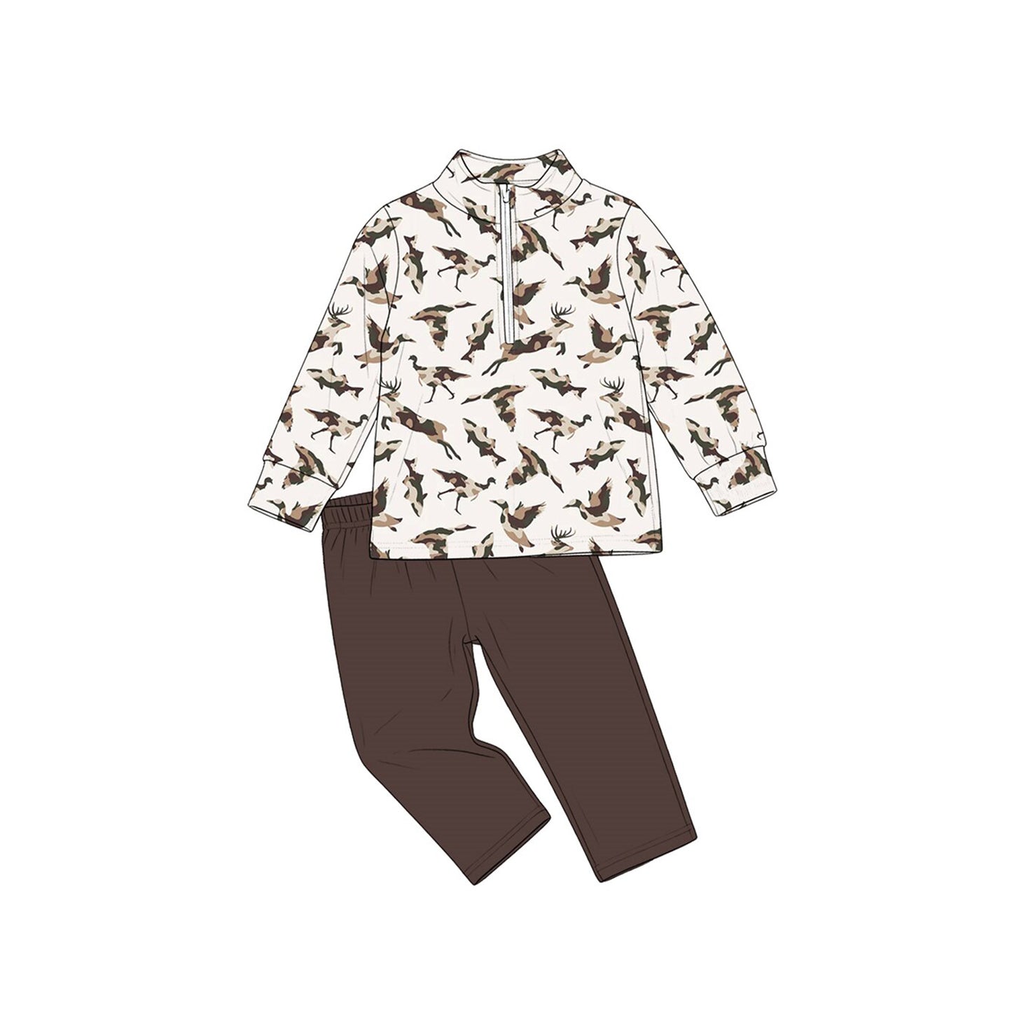 (Preorder new) No moq Baby Boys Ducks Print Zip Pullovers Leggings Hunting Clothes Set Pajamas Set Romper