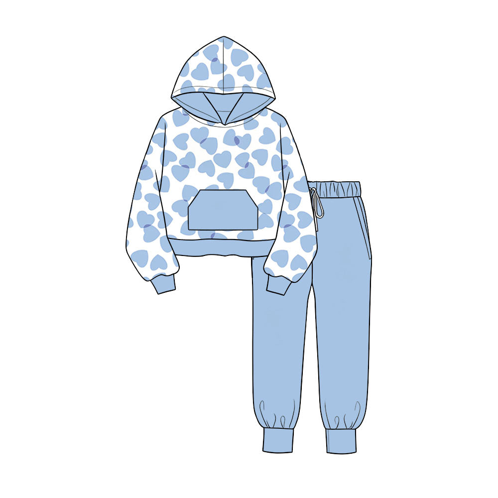 (Preorder new) No moq Baby Girls Boys Valentines Heart Print Long Sleeve Hoodie With Front Pocket And Leggings Set Rompers