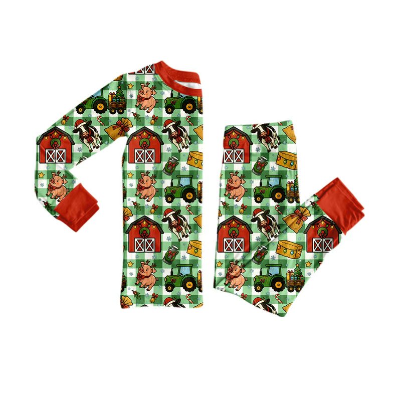 (Preorder new) No moq baby Boys Farm Green Long Sleeve Matching Pajamas Set Romper Blankets
