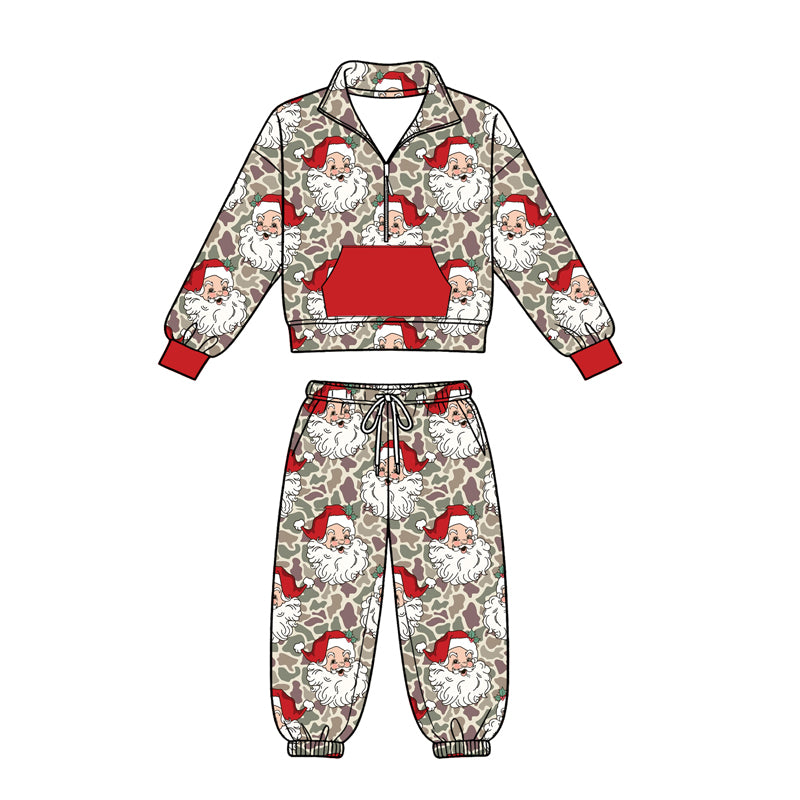 (Preorder new) No moq Baby Boys Khaki Camo Santa Zip Pocket Pullovers Joggers Christmas Outfit Rompers