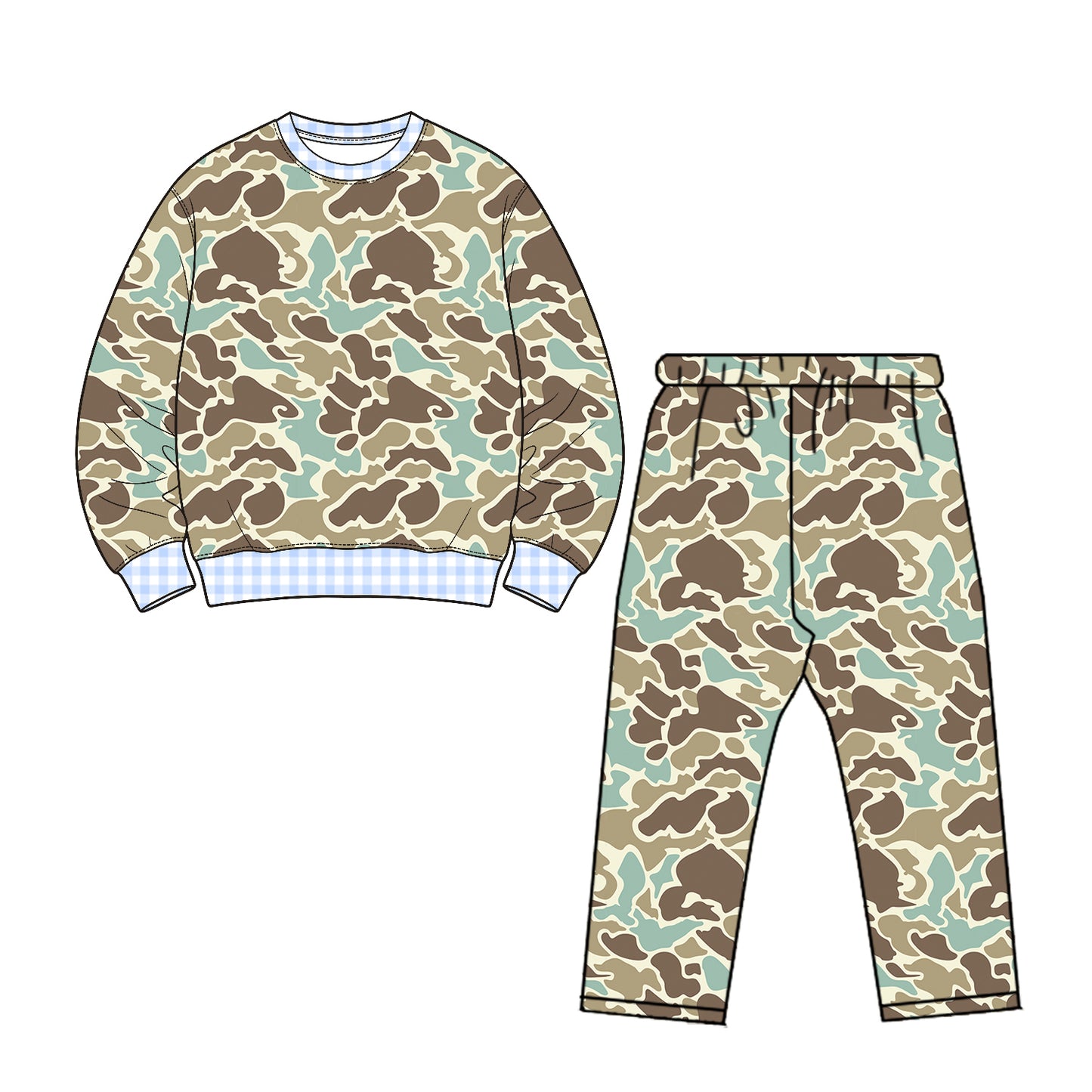 (Preorder new) No moq Baby Girls High Neck Camo Long Sleeve Top Ruffle Hem Flare Pant Set