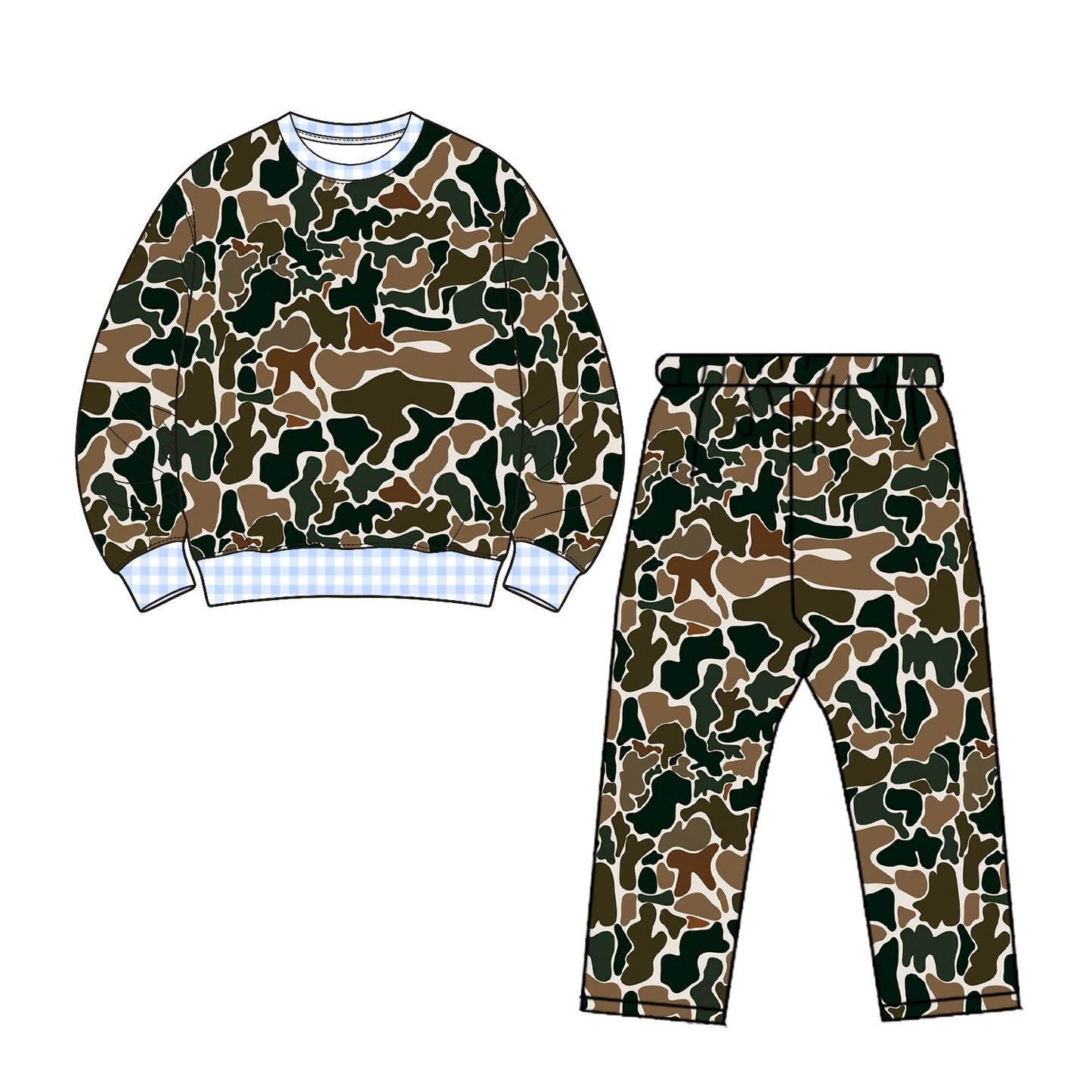 (Preorder new) No moq Baby Girls High Neck Camo Long Sleeve Top Ruffle Hem Flare Pant Set