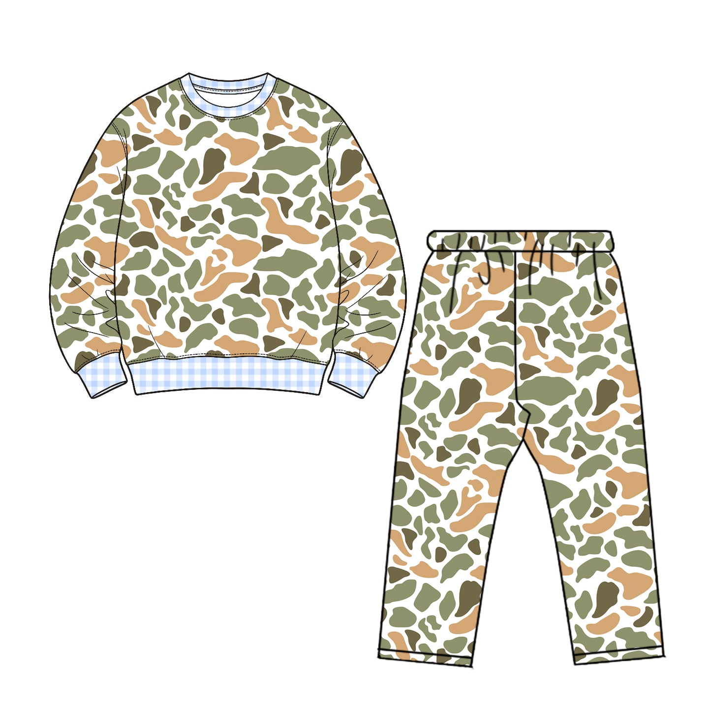 (Preorder new) No moq Baby Girls High Neck Camo Long Sleeve Top Ruffle Hem Flare Pant Set