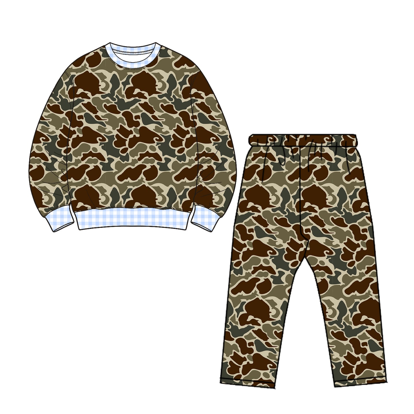 (Preorder new) No moq Baby Girls High Neck Camo Long Sleeve Top Ruffle Hem Flare Pant Set