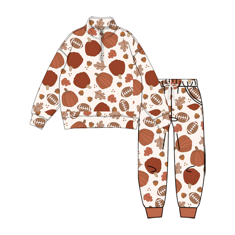 (Preorder new) No moq Baby Boys Pumpkin Football Leaf Print Quarter Zip Pullover Top Jogger Pant Outfit Set