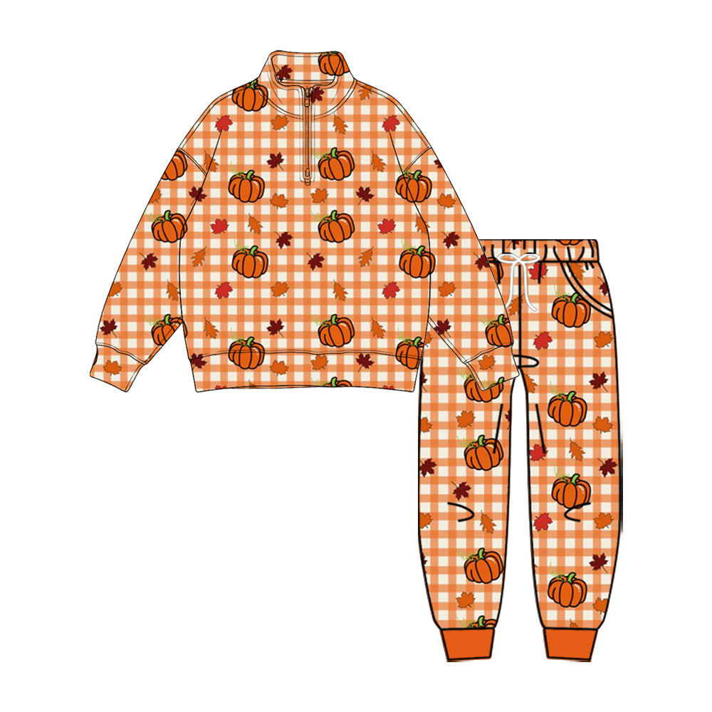 (Preorder new) No moq Baby Boys Pumpkin Football Leaf Print Quarter Zip Pullover Top Jogger Pant Outfit Set