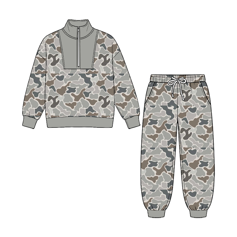 (Preorder new) No moq Baby Boys Camo Zip Pullover Pockets Jogger Hunting Clothes Sets Fall Outfit