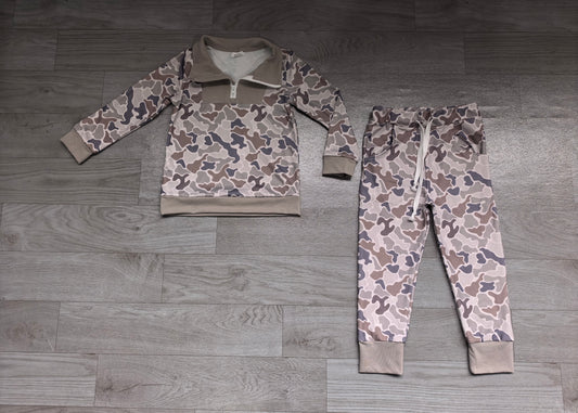 (Sample) No moq milk silk BLP1577（BT1936+P1199）Baby Boys Camo Zip Pullover Pockets Joggers Clothes Set Casual Daily Wear