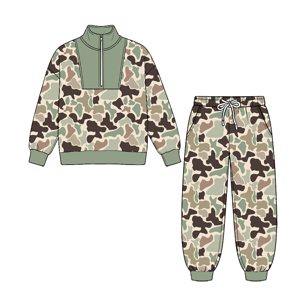 (Preorder new) No moq Baby Boys Camo Zip Pullover Pockets Jogger Hunting Clothes Sets Fall Outfit
