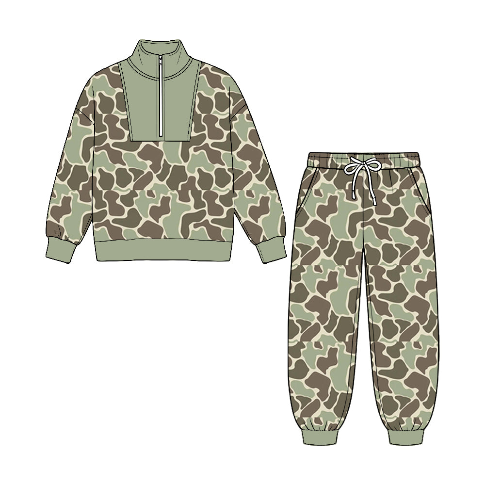 (Preorder new) No moq Baby Boys Camo Zip Pullover Pockets Jogger Hunting Clothes Sets Fall Outfit