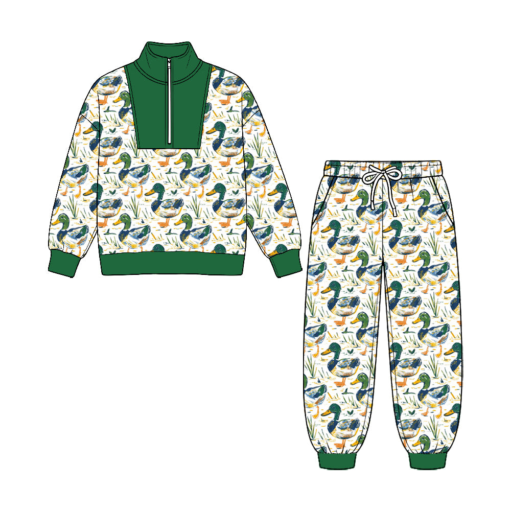 (Preorder new) No moq Baby Boys Ducks Plaid Zip Pullover Pockets Jogger Hunting Clothes Sets Fall Outfit