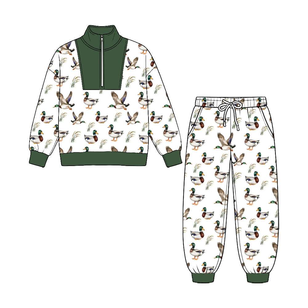 (Preorder new) No moq Baby Boys Ducks Plaid Zip Pullover Pockets Jogger Hunting Clothes Sets Fall Outfit
