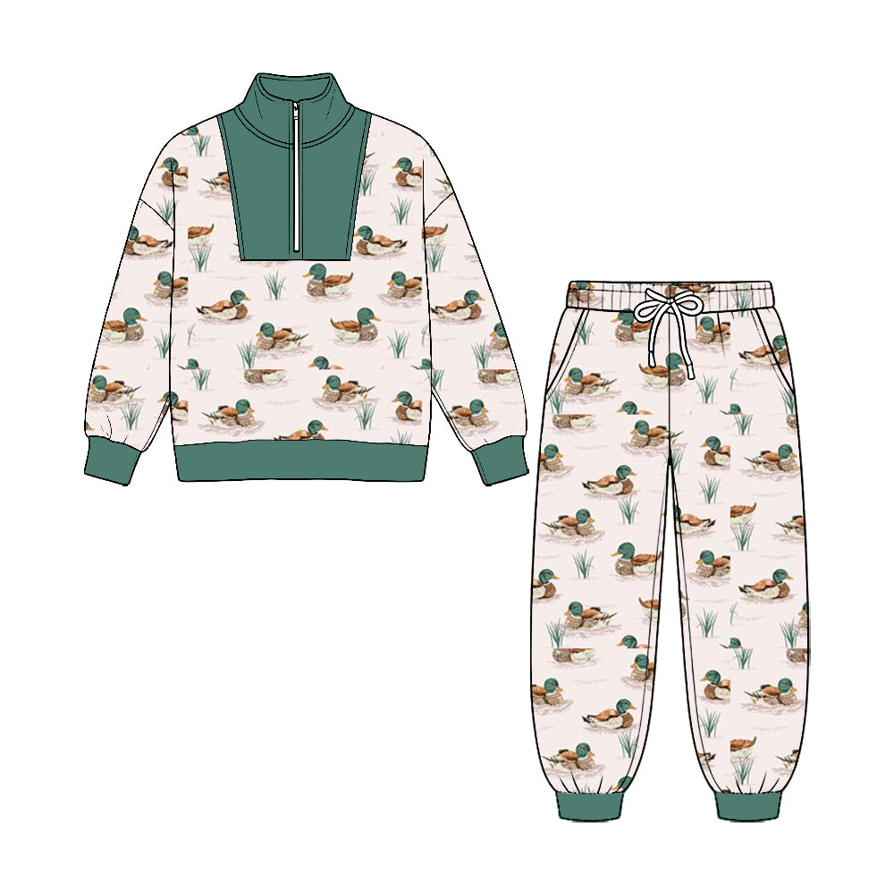 (Preorder new) No moq Baby Boys Ducks Plaid Zip Pullover Pockets Jogger Hunting Clothes Sets Fall Outfit