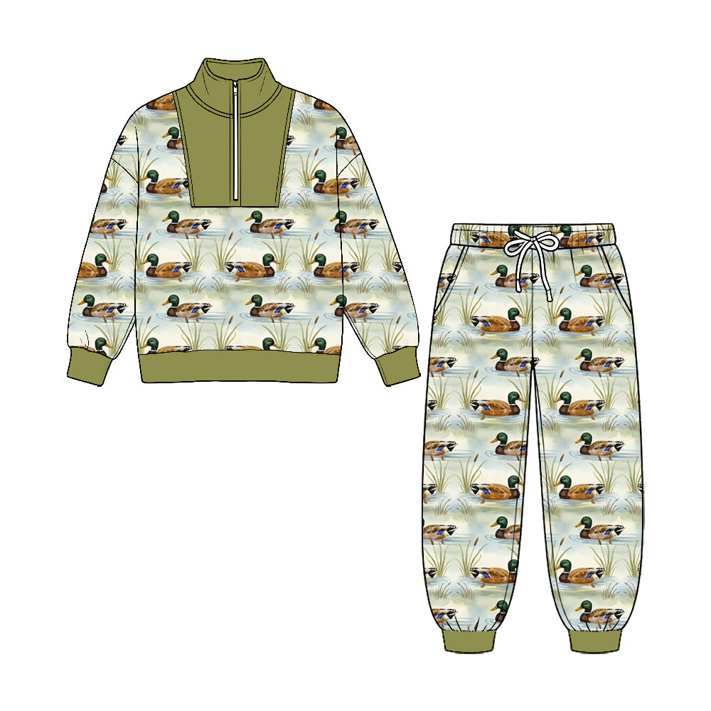 (Preorder new) No moq Baby Boys Ducks Plaid Zip Pullover Pockets Jogger Hunting Clothes Sets Fall Outfit