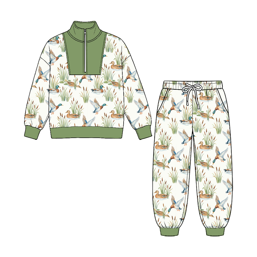 (Preorder new) No moq Baby Boys Ducks Plaid Zip Pullover Pockets Jogger Hunting Clothes Sets Fall Outfit
