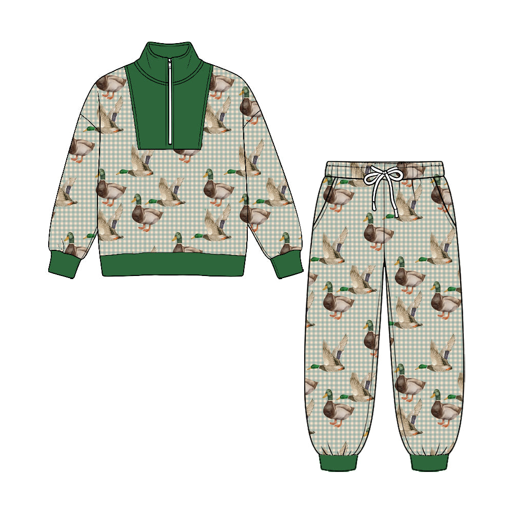 (Preorder new) No moq Baby Boys Ducks Plaid Zip Pullover Pockets Jogger Hunting Clothes Sets Fall Outfit
