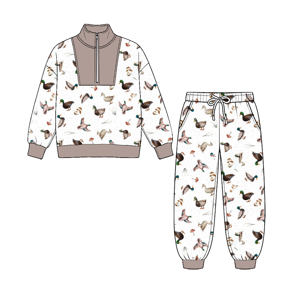 (Preorder new) No moq Baby Boys Ducks Plaid Zip Pullover Pockets Jogger Hunting Clothes Sets Fall Outfit