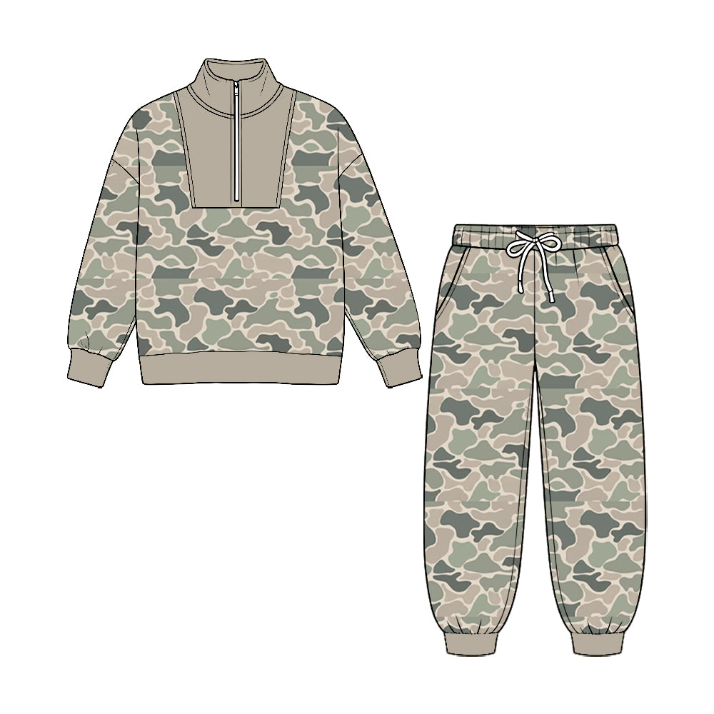 (Preorder new) No moq Baby Boys Camo Zip Pullover Pockets Jogger Hunting Clothes Sets Fall Outfit