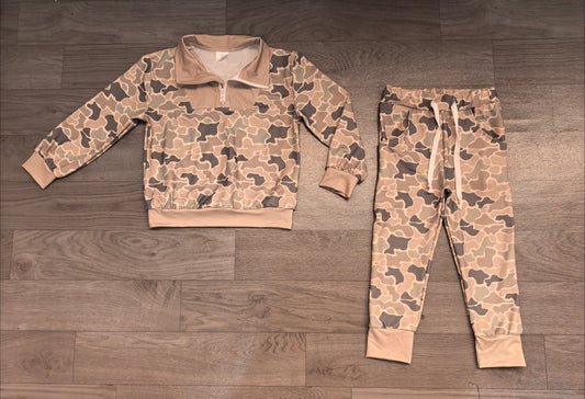 (Sample) No moq milk silk BLP1588 Baby Boys Camo Zip Pullover Pockets Joggers  Set Casual Wear