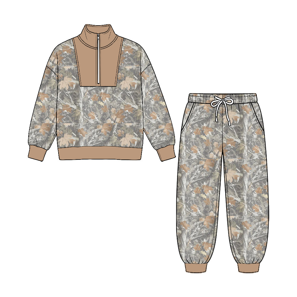 (Preorder new) No moq Baby Boys Camo Zip Pullover Pockets Jogger Hunting Clothes Sets Fall Outfit
