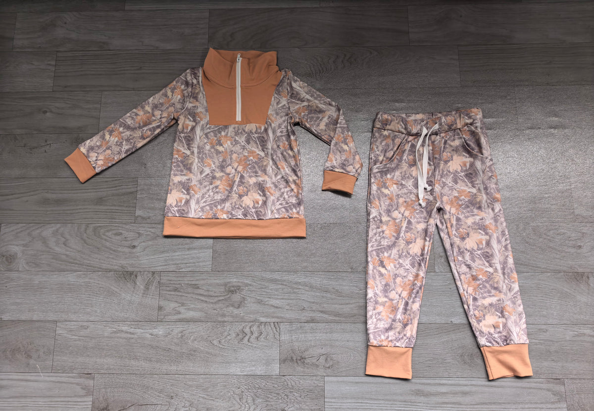(Sample) No moq milk silk BLP1589（BT1948+P1211）Baby Boys Camo Zip Pullover Pockets Jogger Pant Set