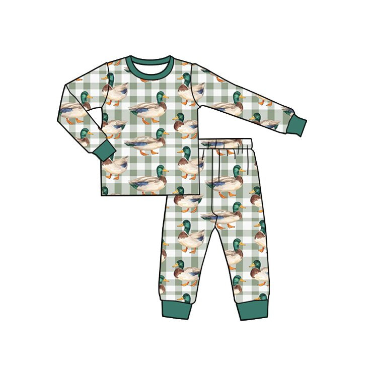 (Preorder new) No moq Baby Boys Green Checked Ducks Long Sleeve Matching Pajamas Set Romper Blankets